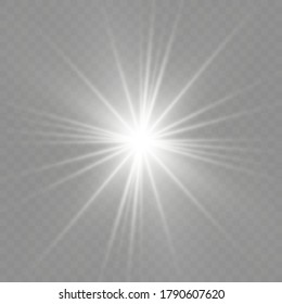 White glowing light. Beautiful star Light from the rays. Sun with lens flare. Bright beautiful star. Sunlight.