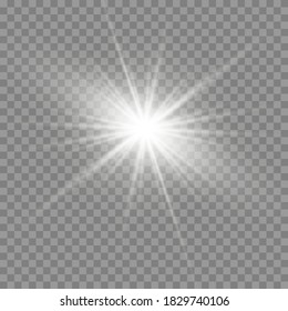 White glowing light. Beautiful star Light from the rays. Sun with lens flare. Bright beautiful star. Sunlight.