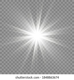 White glowing light. Beautiful star Light from the rays. Sun with lens flare. Bright beautiful star. Sunlight.