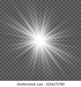 White glowing light. Beautiful star Light from the rays. Sun with lens flare. Bright beautiful star. Sunlight.