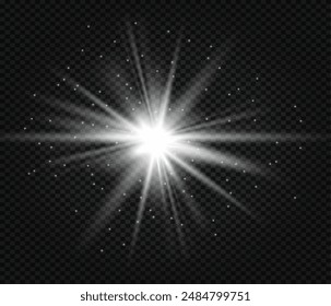 White glowing light. Beautiful star Light from the rays. Sun with lens flare.