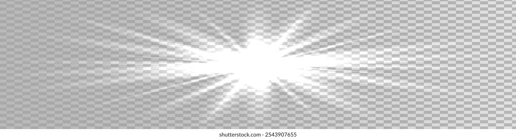 Luz branca brilhante. Linda luz das estrelas dos raios. Sol com clarão de lente. Uma bela e brilhante estrela. Luz do sol.