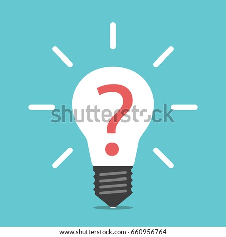White glowing light bulb with red question mark inside. Idea, help, creativity, challenge and brainstorming concept. Flat design. EPS 8 compatible vector illustration, no transparency, no gradients