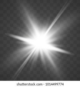 White glowing light burst explosion with Lens flares effect sparkles decoration. Isolated on transparent background.