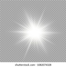 White glowing light burst explosion on transparent background. Vector illustration light effect decoration with ray. Bright star. Translucent shine sun, bright flare. Center vibrant flash.
