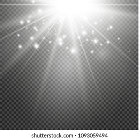 White glowing light burst explosion on transparent background. Vector illustration light effect decoration with ray. Bright star. Translucent shine sun, bright flare. Center vibrant flash