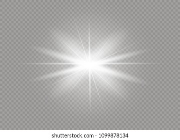 White glowing light burst explosion with transparent. Vector illustration for cool effect decoration with ray sparkles. Bright star. Transparent shine gradient glitter, bright flare. Glare texture.