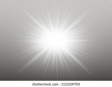 White glowing light burst explosion with transparent. Vector illustration for cool effect decoration with ray sparkles. Bright star. Transparent shine gradient glitter, bright flare. Glare texture.