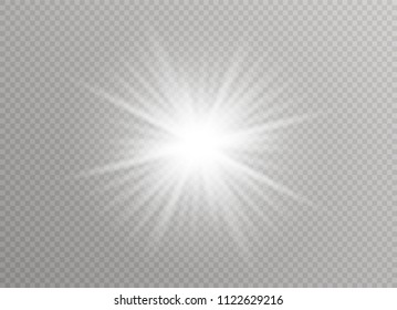 White glowing light burst explosion with transparent. Vector illustration for cool effect decoration with ray sparkles. Bright star. Transparent shine gradient glitter, bright flare. Glare texture.