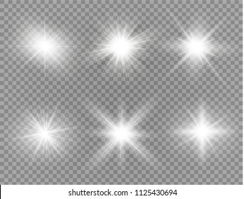 White glowing light burst explosion with transparent. Vector illustration for cool effect decoration with ray sparkles. Bright star. Transparent shine gradient glitter, bright flare. Glare texture.