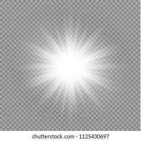 White glowing light burst explosion with transparent. Vector illustration for cool effect decoration with ray sparkles. Bright star. Transparent shine gradient glitter, bright flare. Glare texture.