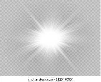 White glowing light burst explosion with transparent. Vector illustration for cool effect decoration with ray sparkles. Bright star. Transparent shine gradient glitter, bright flare. Glare texture.
