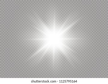 White glowing light burst explosion with transparent. Vector illustration for cool effect decoration with ray sparkles. Bright star. Transparent shine gradient glitter, bright flare. Glare texture.