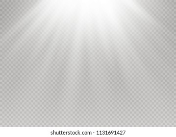 White glowing light burst explosion on transparent background. Vector illustration light effect decoration with ray. Bright star. Translucent shine sun, bright flare. Center vibrant flash