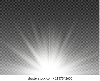 White glowing light burst explosion on transparent background. Vector illustration light effect decoration with ray. Bright star. Translucent shine sun, bright flare. Center vibrant flash