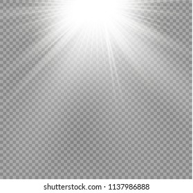 White glowing light burst explosion on transparent background. Vector illustration light effect decoration with ray. Bright star. Translucent shine sun, bright flare. Center vibrant flash