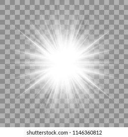 White glowing light burst explosion with transparent. Transparent shine gradient glitter, bright flare. Glare texture. Vector illustration for cool effect decoration with ray sparkles. Bright star. 