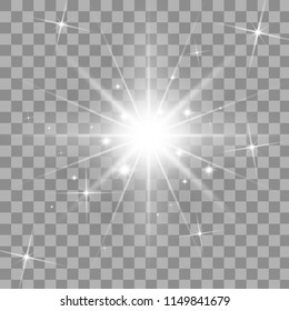 White glowing light burst explosion with transparent.Transparent shine gradient glitter, bright flare.Glare texture. Vector illustration for cool effect decoration with ray sparkles. Bright star.EPS10