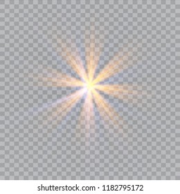 White glowing light burst explosion on transparent background. Vector illustration light effect decoration with ray. Bright star. Translucent shine sun, bright flare. Center vibrant flash.
