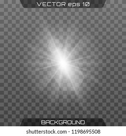 White glowing light burst explosion with transparent. Vector illustration for cool effect decoration with ray sparkles. Bright star. Transparent shine gradient glitter, bright flare. Glare texture.