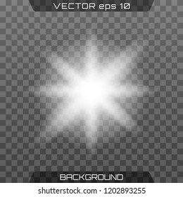 White glowing light burst explosion with transparent. Vector illustration for cool effect decoration with ray sparkles. Bright star. Transparent shine gradient glitter, bright flare. Glare texture.