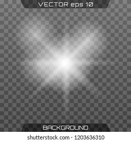 White glowing light burst explosion with transparent. Vector illustration for cool effect decoration with ray sparkles. Bright star. Transparent shine gradient glitter, bright flare. Glare texture.