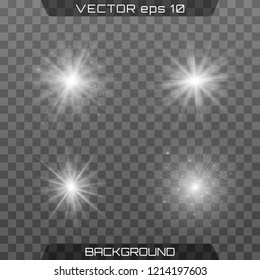 White glowing light burst explosion with transparent. Vector illustration for cool effect decoration with ray sparkles. Bright star. Transparent shine gradient glitter, bright flare. Glare texture.