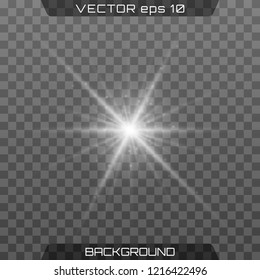 White glowing light burst explosion with transparent. Vector illustration for cool effect decoration with ray sparkles. Bright star. Transparent shine gradient glitter, bright flare. Glare texture.