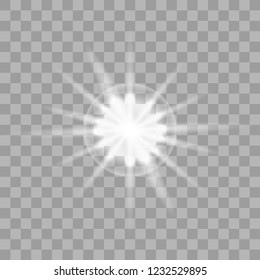 White glowing light burst explosion with transparent. Vector illustration for cool effect decoration with ray sparkles. Bright star. Transparent.