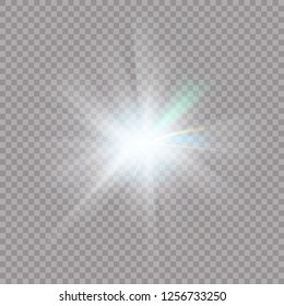 White glowing light burst explosion with transparent. Vector illustration for cool effect decoration with ray sparkles. Bright star. Transparent shine gradient glitter, bright flare. Glare texture