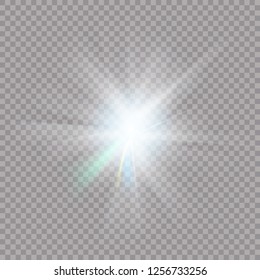 White glowing light burst explosion with transparent. Vector illustration for cool effect decoration with ray sparkles. Bright star. Transparent shine gradient glitter, bright flare. Glare texture