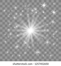 White glowing light burst explosion with transparent. Vector illustration for cool effect decoration with ray sparkles. Bright star. Transparent shine gradient glitter, bright flare.