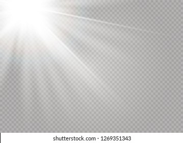 White glowing light burst explosion on transparent background. Vector illustration light effect decoration with ray. Bright star. Translucent shine sun, bright flare. Center vibrant flash
