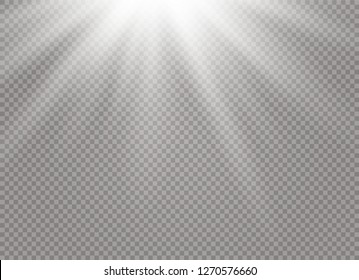 White glowing light burst explosion on transparent background. Vector illustration light effect decoration with ray. Bright star. Translucent shine sun, bright flare. Center vibrant flash