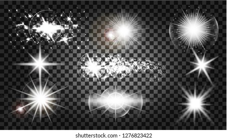 White glowing light burst explosion with transparent. Vector illustration for cool effect decoration with ray sparkles. Bright star. Transparent shine gradient glitter, bright flare. Glare texture.