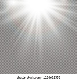 White glowing light burst explosion on transparent background. Vector illustration light effect decoration with ray. Bright star. Translucent shine sun, bright flare. Center vibrant flash