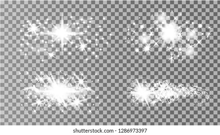 White glowing light burst explosion with transparent. Vector illustration for cool effect decoration with ray sparkles. Bright star. Transparent shine gradient glitter, bright flare. Glare texture. 