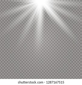 White glowing light burst explosion on transparent background. Vector illustration light effect decoration with ray. Bright star. Translucent shine sun, bright flare. Center vibrant flash