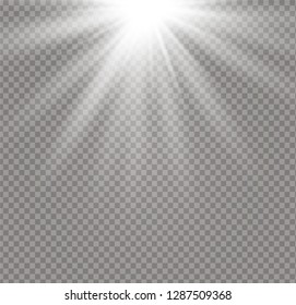 White glowing light burst explosion on transparent background. Vector illustration light effect decoration with ray. Bright star. Translucent shine sun, bright flare. Center vibrant flash