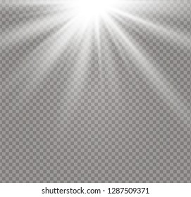 White glowing light burst explosion on transparent background. Vector illustration light effect decoration with ray. Bright star. Translucent shine sun, bright flare. Center vibrant flash