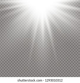 White glowing light burst explosion on transparent background. Vector illustration light effect decoration with ray. Bright star. Translucent shine sun, bright flare. Center vibrant flash