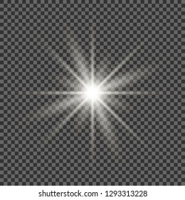 White glowing light burst explosion with transparent. Vector illustration for cool effect decoration with ray sparkles. Bright star. Transparent shine gradient glitter, bright flare. Glare texture.