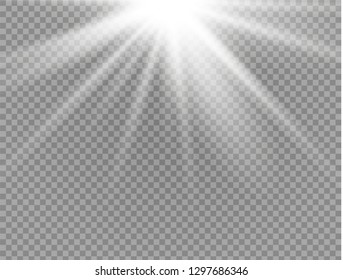 White glowing light burst explosion on transparent background. Vector illustration light effect decoration with ray. Bright star. Translucent shine sun, bright flare. Center vibrant flash
