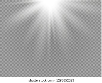White glowing light burst explosion on transparent background. Vector illustration light effect decoration with ray. Bright star. Translucent shine sun, bright flare. Center vibrant flash