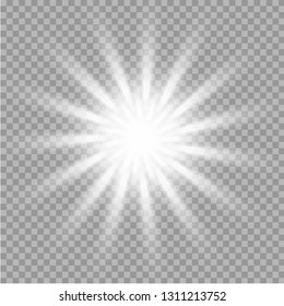 White glowing light burst explosion with transparent. Vector illustration for cool effect decoration with ray sparkles. Bright star. Transparent shine gradient glitter, bright flare. Glare texture