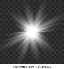 White glowing light burst explosion with transparent. Vector illustration for cool effect decoration with ray sparkles. Bright star. Transparent shine gradient glitter, bright flare. Glare texture. 