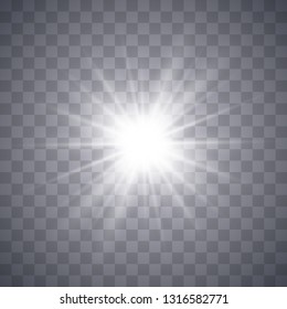  Weißes Licht brach Explosion mit transparenter Oberfläche aus. Vektorgrafik zur coolen Dekoration mit Strahlfunkeln. Heller Stern. Transparenter glänzender Farbverlauf-Glitter, heller Fackel. Glatte Textur. 