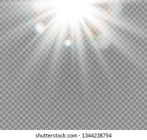 White glowing light burst explosion on transparent background. Vector illustration light effect decoration with ray. Bright star. Translucent shine sun, bright flare. Center vibrant flash