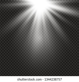 White glowing light burst explosion on transparent background. Vector illustration light effect decoration with ray. Bright star. Translucent shine sun, bright flare. Center vibrant flash