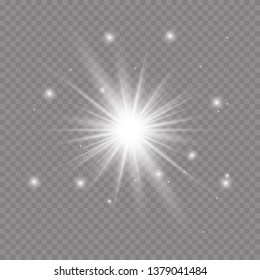 White glowing light burst explosion with transparent. Vector illustration for cool effect decoration with ray sparkles. Bright star. Transparent shine gradient glitter, bright flare. Glare texture.